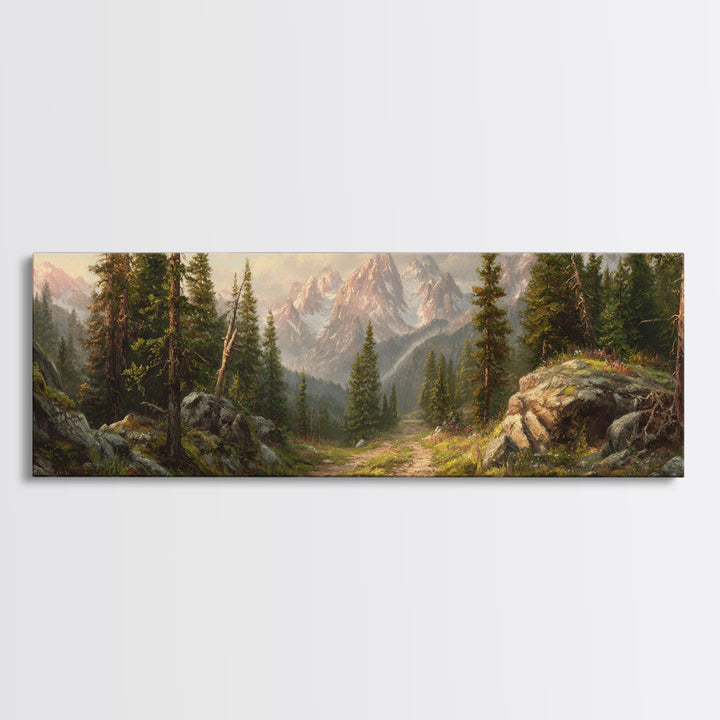 Alpine Forest Trail Mountain Landscape Wall Art, Panoramic Canvas Print For Cabin Living Room Decor And Nature Lovers Gift