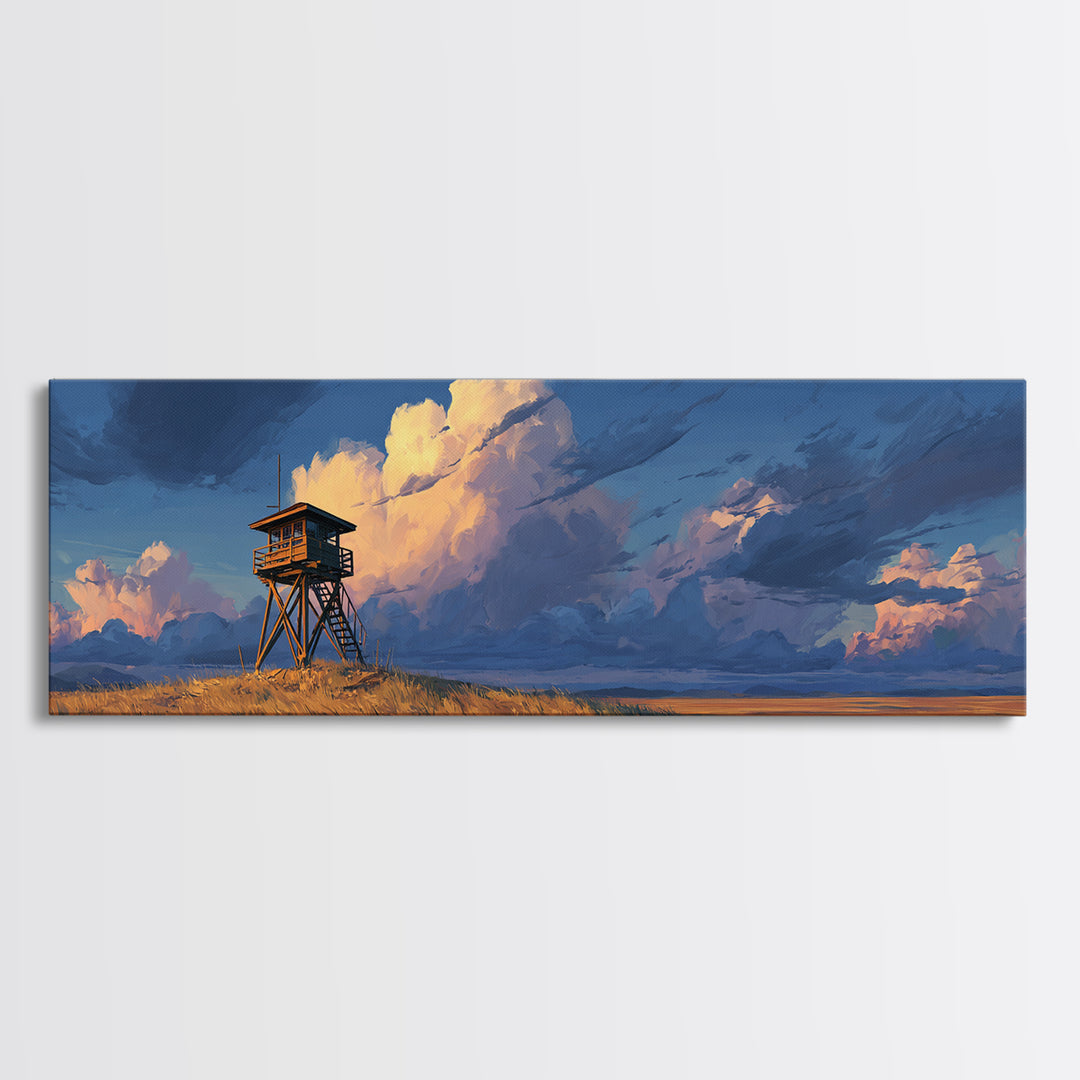 Prairie Watchtower Under Golden Clouds Wall Art, Western Landscape Canvas Print, Rustic Nature Decor, Large Horizontal Art