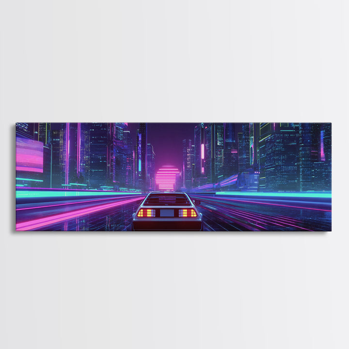 Neon Car Racing Through Cyberpunk City Canvas Print, Futuristic Wall Art, Synthwave Decor, Sci Fi Gaming Room Poster Art