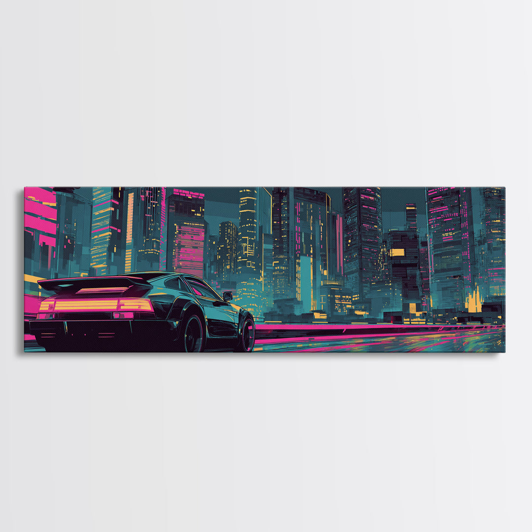 Cyberpunk Sports Car Canvas Print, Neon City Wall Art, Futuristic Gaming Room Decor, Large Synthwave Modern Wall Art Print