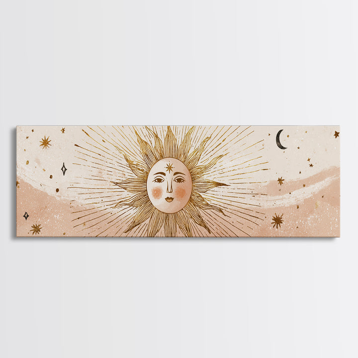 Boho Sun And Moon Wall Art, Celestial Canvas Print, Mystical Astrology Decor, Neutral Nursery And Bedroom Wall Decor, Above Bed Art