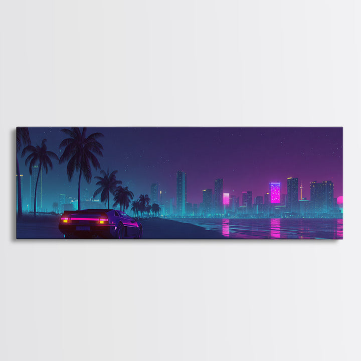 Neon Cyberpunk City Beach Wall Art, Retro Futuristic Canvas Print, Vaporwave Decor For Gaming Room And Modern Office Decor