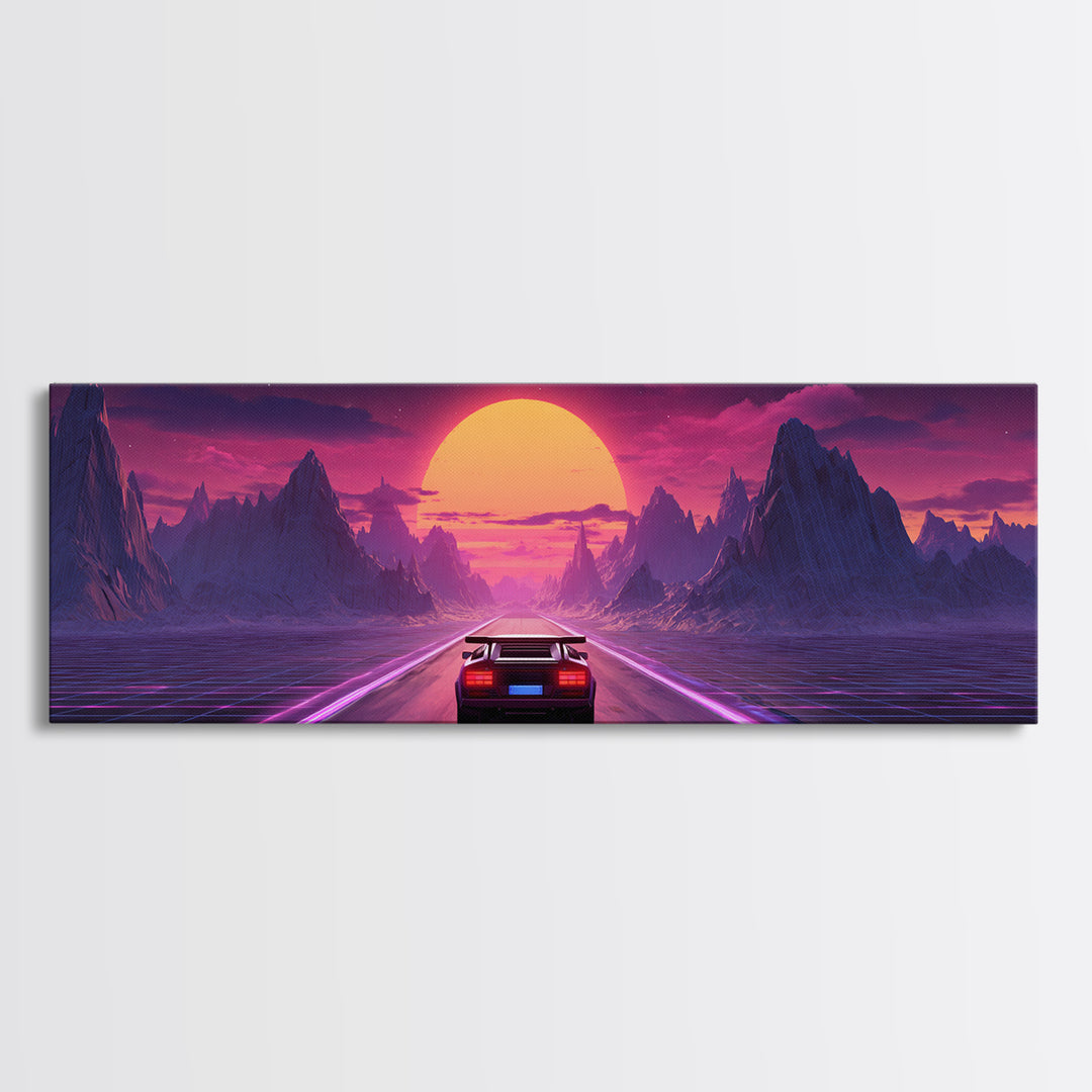 Retro Futuristic Car Road Canvas Print, Cyberpunk Mountain Wall Art, Neon Synthwave Gaming Room Decor, Sci Fi Poster, Gift For Him