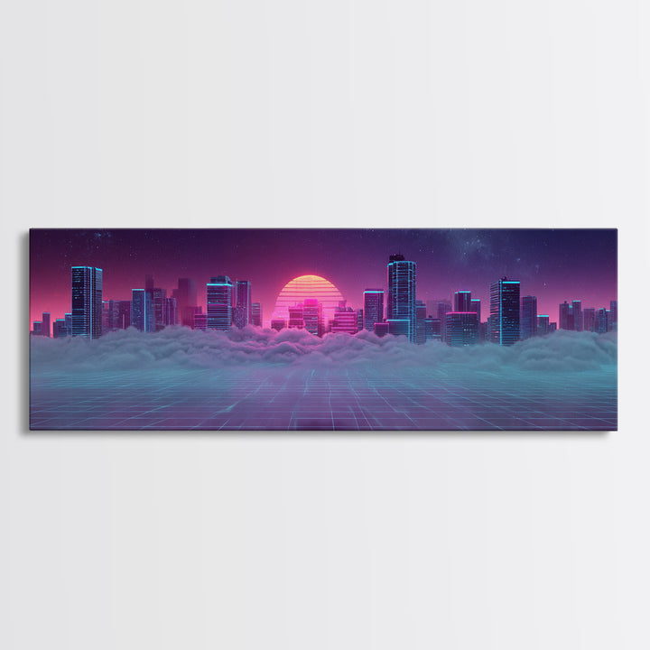 Vaporwave Skyline Over Clouds Canvas Print, Retro Futuristic City Wall Art, Neon Synthwave Decor, Gaming Room Poster, Gift