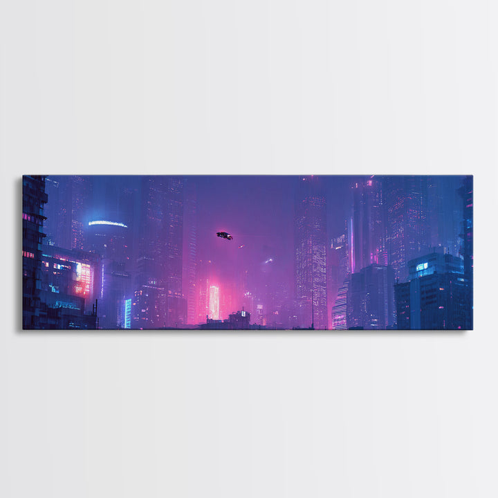 Cyberpunk Neon City Skyline Wall Art, Futuristic Framed Canvas Print, Sci Fi Urban Decor, Gaming Room Wall Decor, Large Print