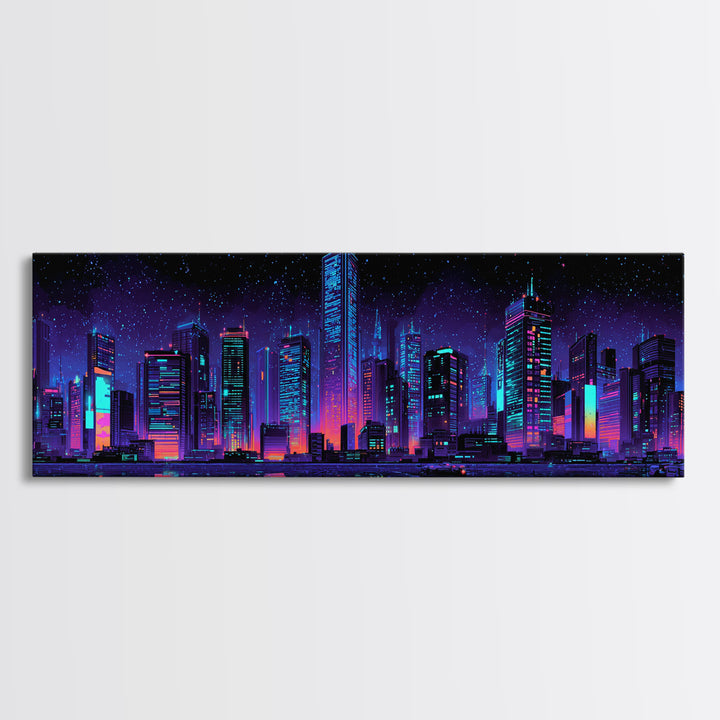 Neon Cyberpunk City Skyline Wall Art, Futuristic Urban Canvas Print, Vaporwave Gaming Room Decor, Sci Fi Office Poster Art