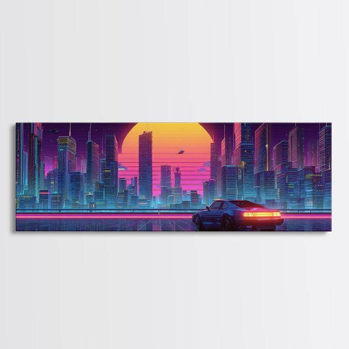 Neon Cyberpunk City Car Canvas Print, Futuristic Wall Art, Sci Fi Poster, Gaming Room Decor, Vaporwave Modern Home Decor