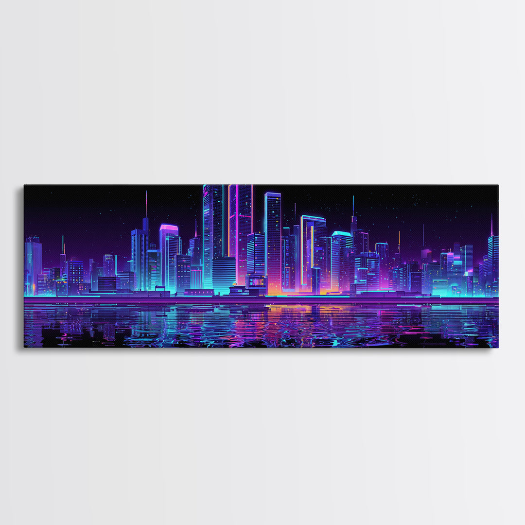 Neon Cyberpunk City Skyline Wall Art, Futuristic Synthwave Canvas Print, Urban Night Office Decor, Gamer Room Home Decor Poster