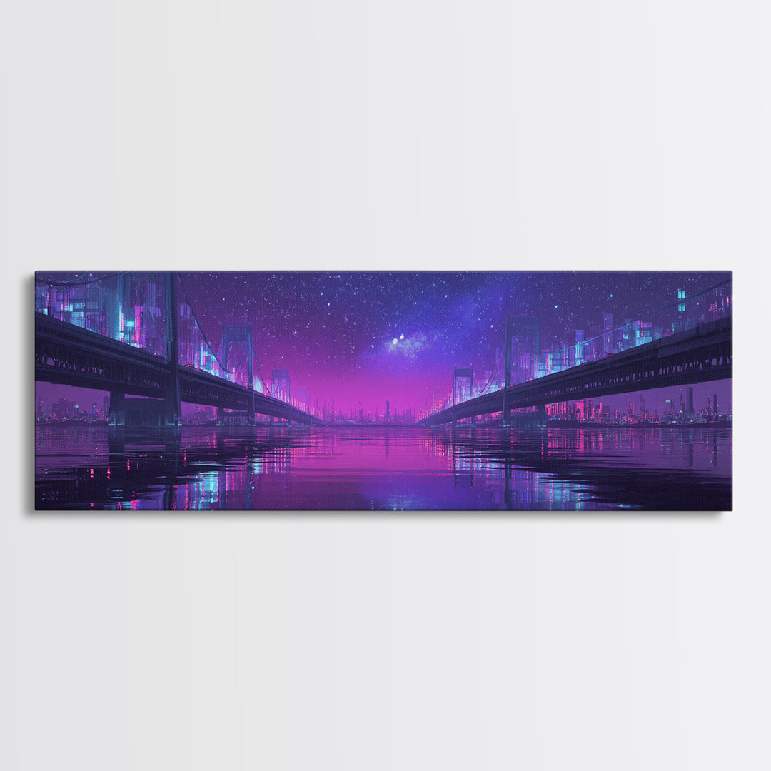 Neon Twin Bridges Over City Water, Cyberpunk Wall Art, Futuristic Canvas Print, Sci Fi Urban Decor, Gaming Room Art, Office Decor
