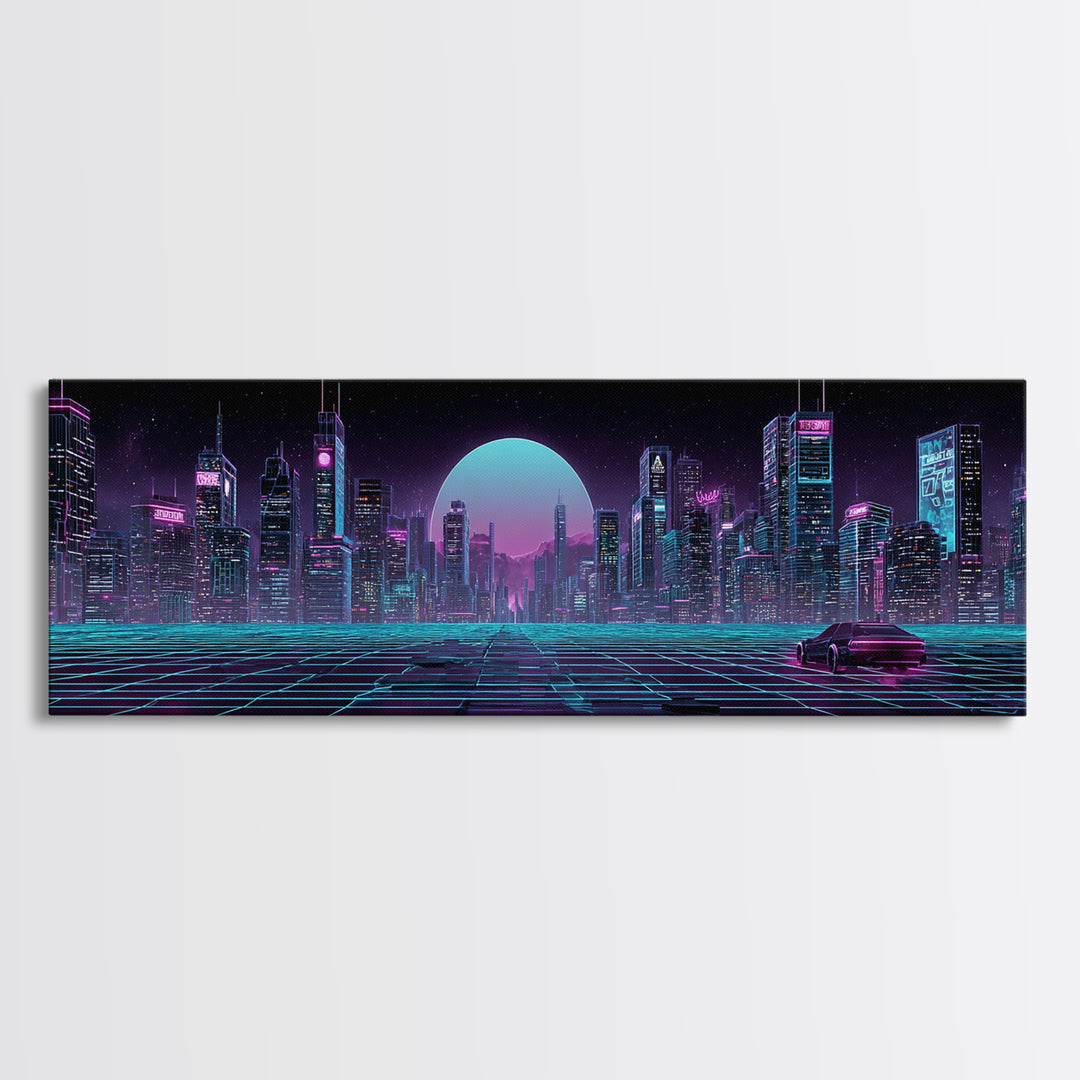 Futuristic Neon Skyline And Grid Highway, Cyberpunk Wall Art, Synthwave Canvas Print, Gaming Room Decor, Office Wall Decor