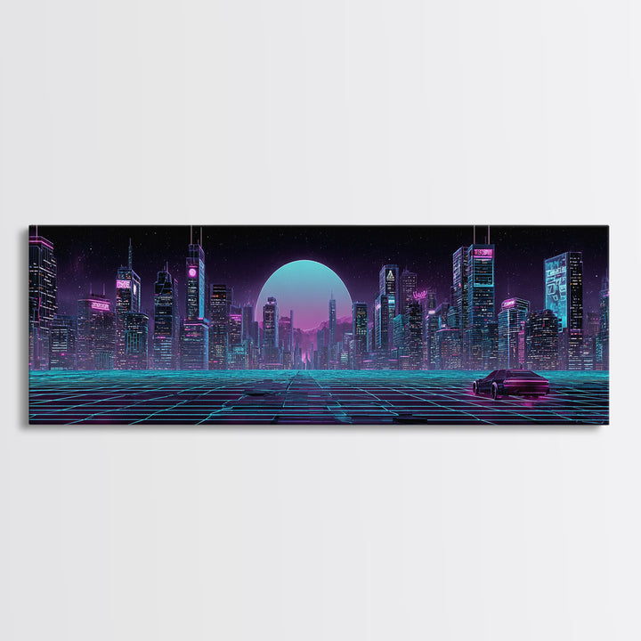 Futuristic Neon Skyline And Grid Highway, Cyberpunk Wall Art, Synthwave Canvas Print, Gaming Room Decor, Office Wall Decor