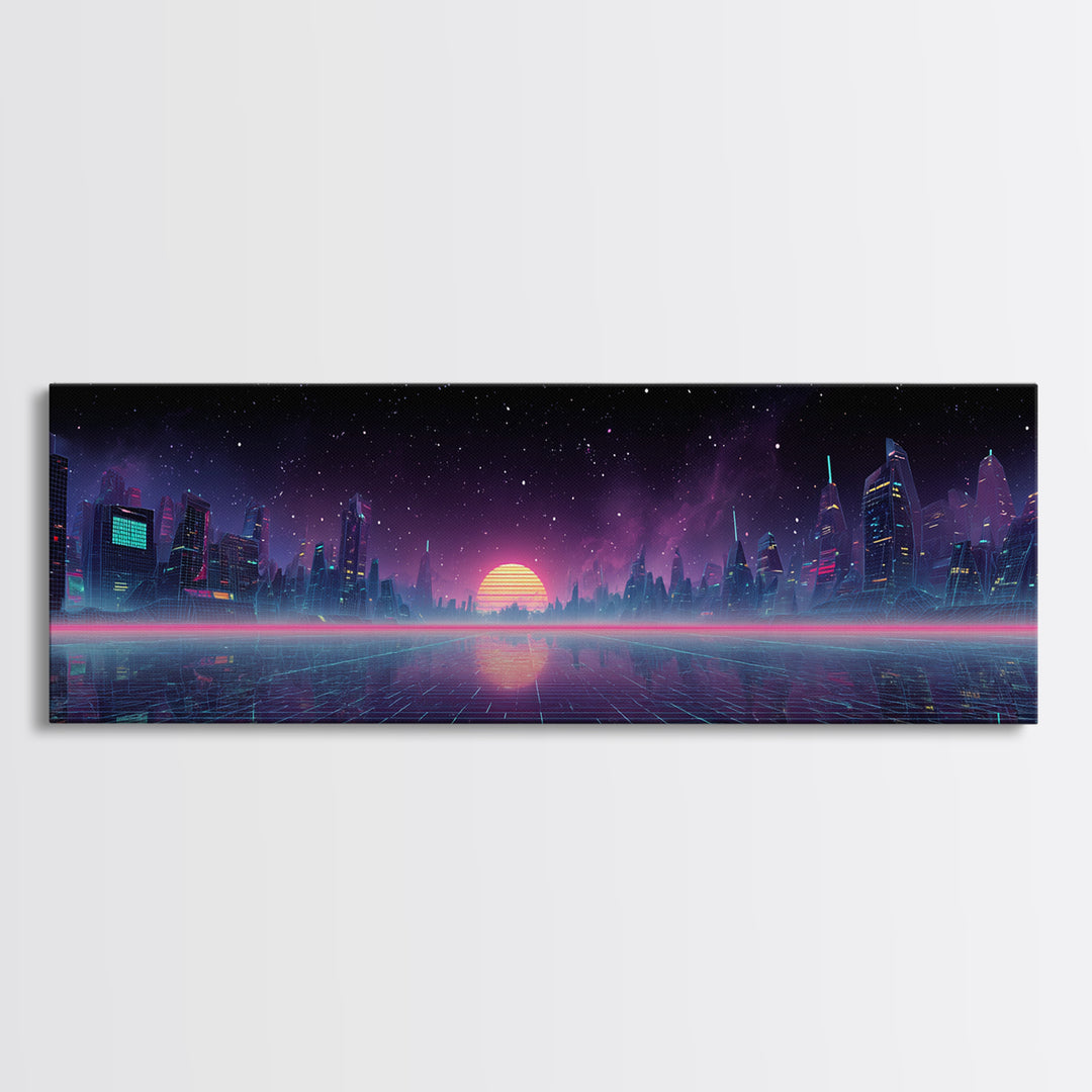 Futuristic Neon City Skyline Wall Art, Cyberpunk Grid Landscape, Sci Fi Poster, Vaporwave Decor, Gaming Room Canvas Print