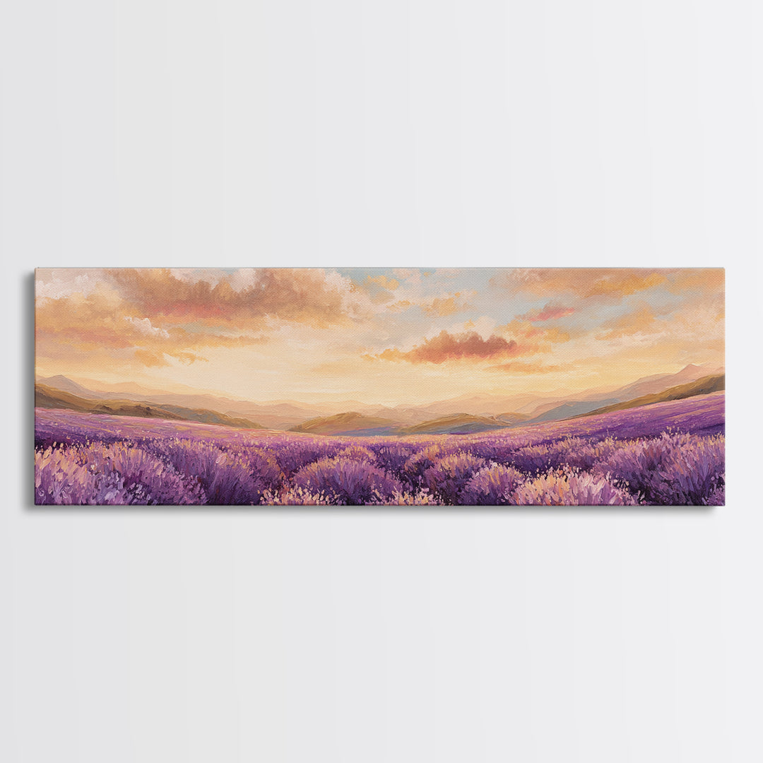 Sunset Lavender Field Landscape Wall Art, Panoramic Canvas Print, French Country Decor, Large Above Sofa Wall Decor, Provence Print
