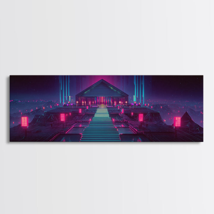 Neon Cyberpunk Temple Stairway Canvas Print, Futuristic Wall Art, Sci Fi Gaming Room Decor, Modern Statement Artwork For Office