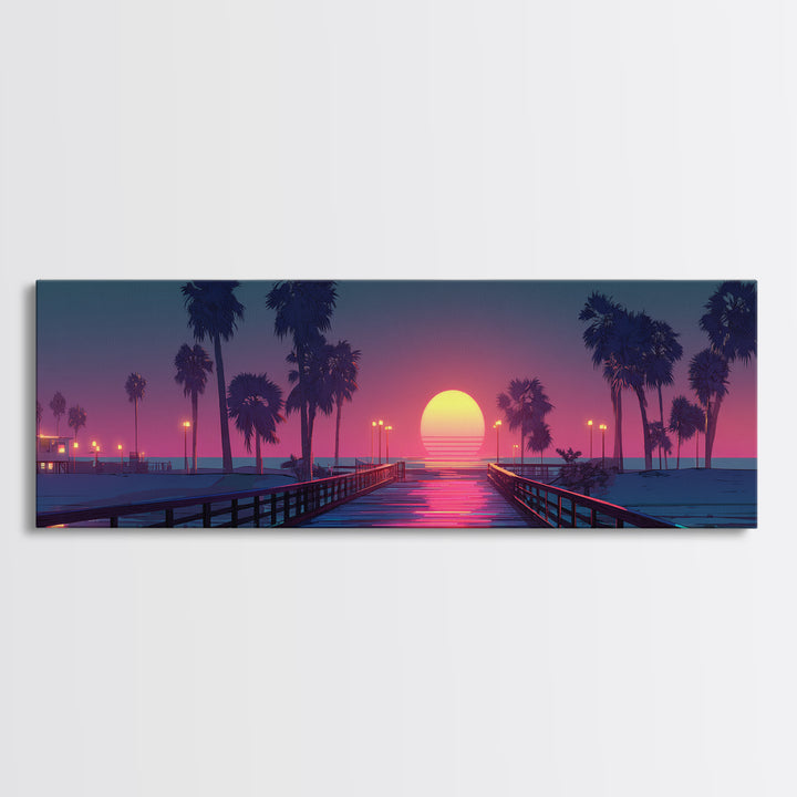 Sunset Pier With Palm Trees Canvas Print, Tropical Beach Wall Art, Coastal Vaporwave Decor For Bedroom And Living Room Wall Decor