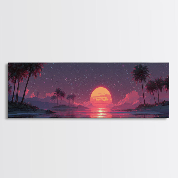 Starry Tropical Lagoon With Giant Pink Moon Wall Art, Celestial Coastal Beach Decor, Palm Island, Night Sky Canvas Print