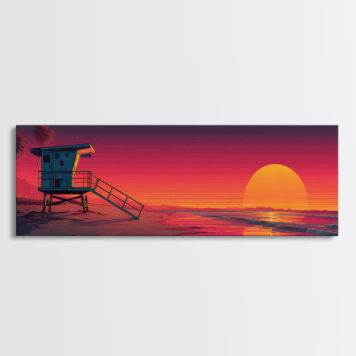 Retro Lifeguard Tower Sunset Canvas Print, Beach Wall Art, Coastal Decor, Vaporwave Poster, Summer Ocean Home Decor, Beach House Gift