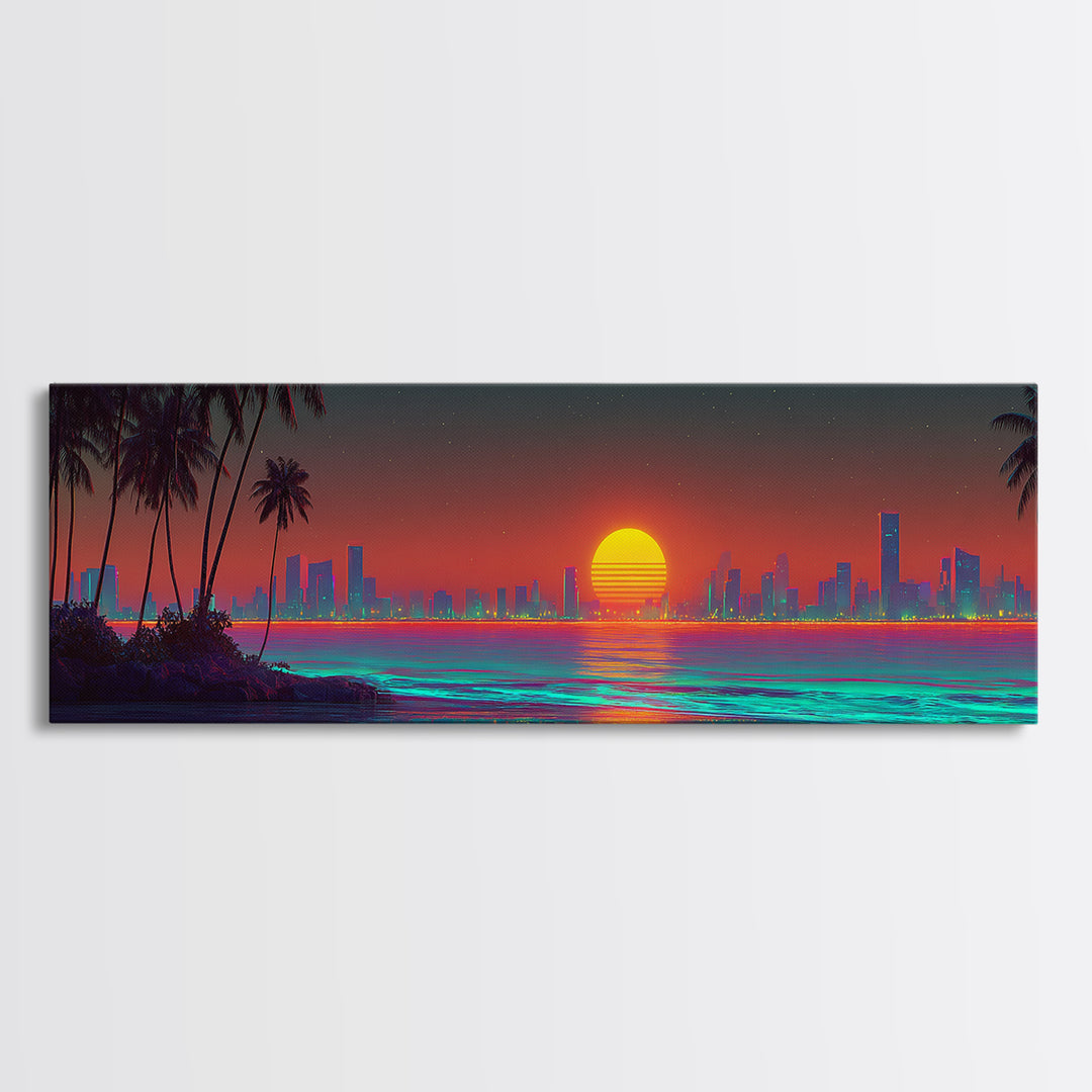 Retro Neon Coastal City Skyline Wall Art, Palm Beach Sunset, Synthwave Ocean Decor, Modern Living Room Canvas Print, Large Horizontal Art
