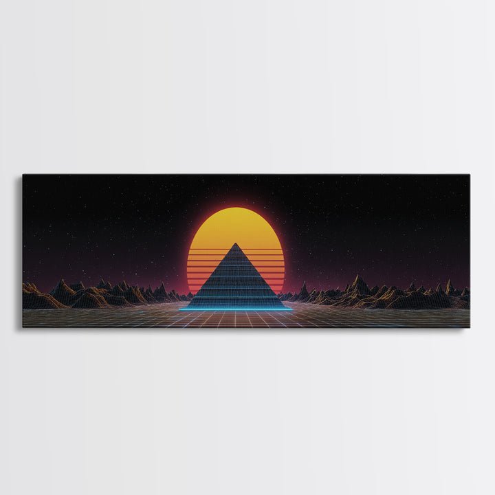 Retro Pyramid Sunset Canvas Print, Synthwave Desert Wall Art, Futuristic Vaporwave Decor, Gaming Room Statement Artwork Poster