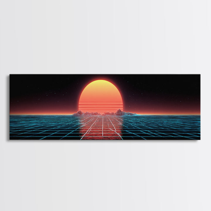 Retro Futuristic Ocean Grid Sunset Wall Art, Synthwave Neon Landscape, Vaporwave Decor, Large Horizontal Art Print, Home Decor
