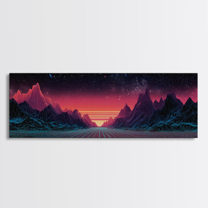 Synthwave Mountain Road Under Starry Sky, Retro Futuristic Wall Art, Landscape Canvas Print, Man Cave Decor, Large Wall Art