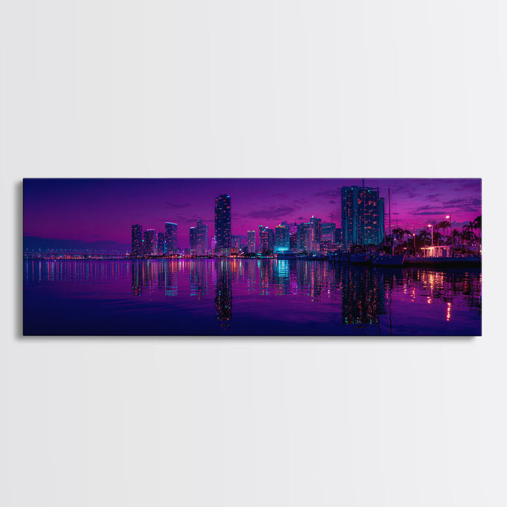 Neon Waterfront City Skyline Wall Art, Miami Night Canvas Print, Urban Photography Decor, Modern Office Living Room Poster