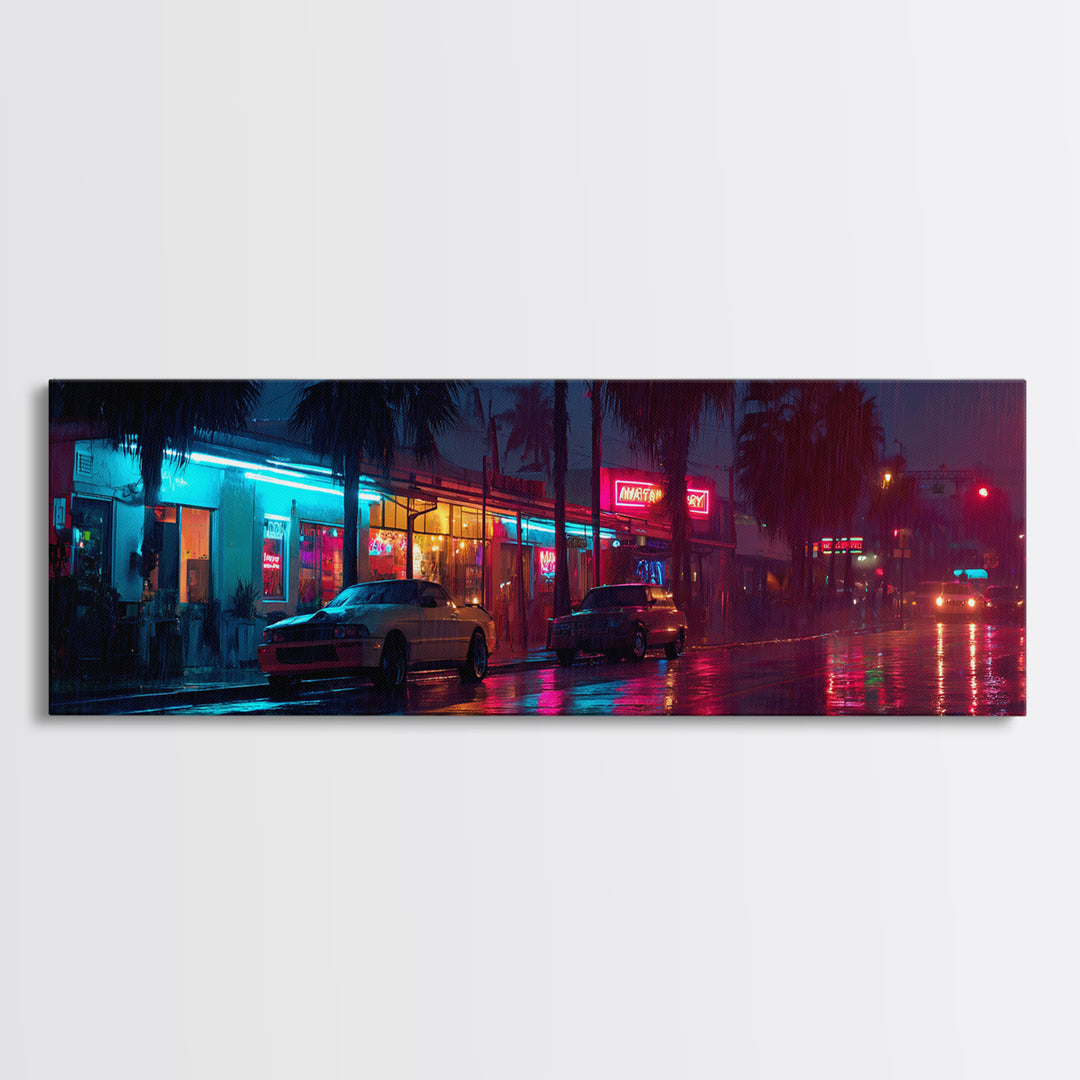 Rainy Neon City Street Wall Art, Cyberpunk Urban Night Canvas Print, Retro Motel Lights, Modern Office Decor, Moody Wall Decor