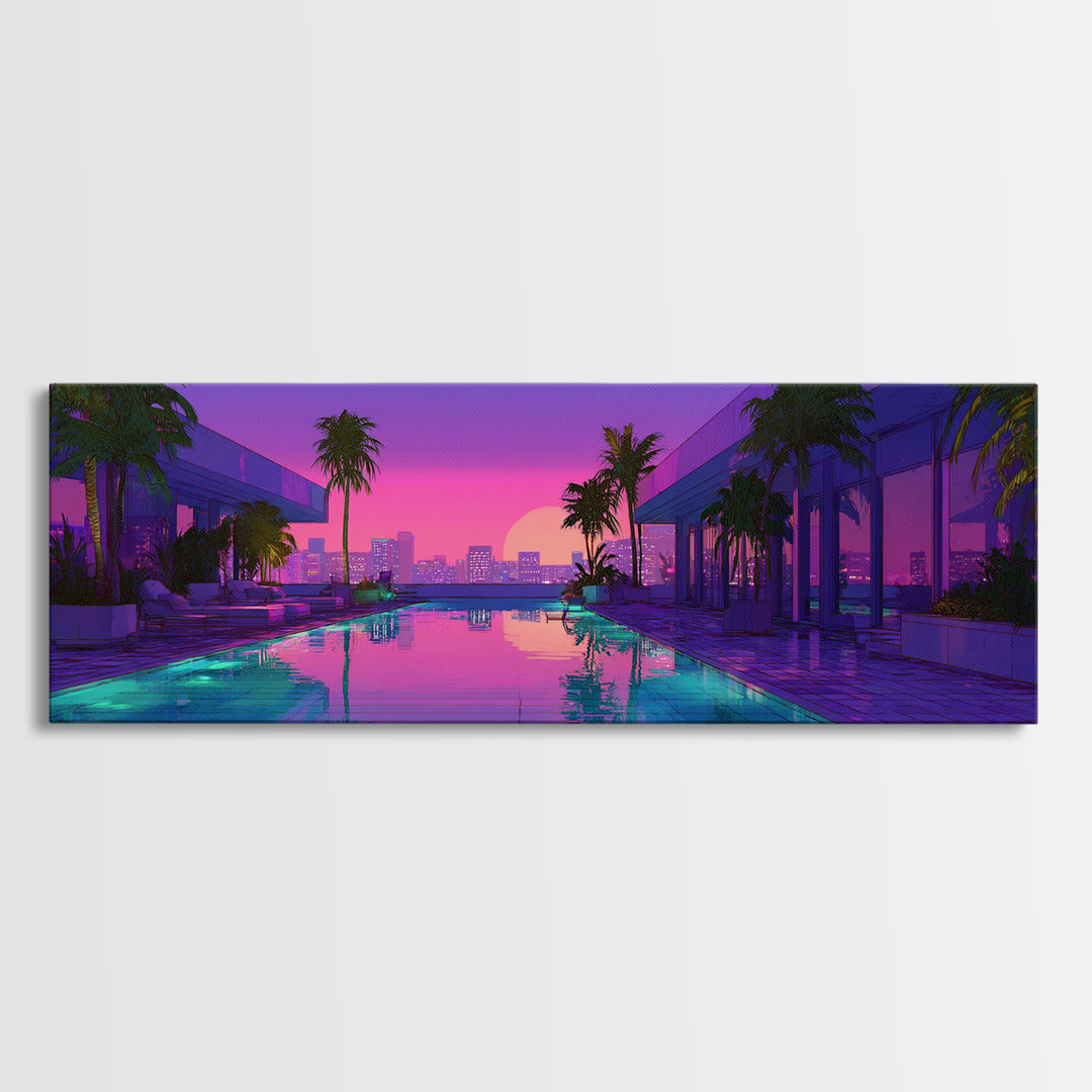 Neon Poolside City Sunset Framed Canvas Print, Miami Palm Skyline Wall Decor, Cyberpunk Art, Modern Living Room Decor, Large Wall Art