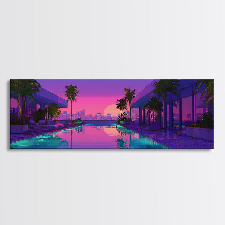 Neon Poolside City Sunset Framed Canvas Print, Miami Palm Skyline Wall Decor, Cyberpunk Art, Modern Living Room Decor, Large Wall Art