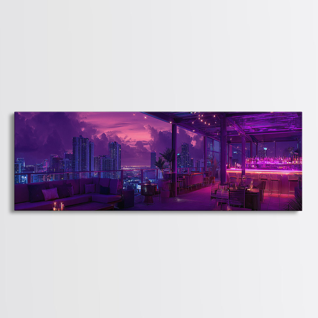 Neon Rooftop Lounge Skyline At Dusk Wall Art, Cyberpunk Cityscape, Futuristic Bar Decor, Panoramic Living Room Print Home Decor