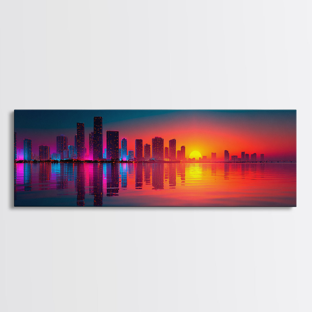 Neon City Skyline Sunset Wall Art, Modern Urban Landscape With Water Reflections, Colorful Office Decor, Large Canvas Print