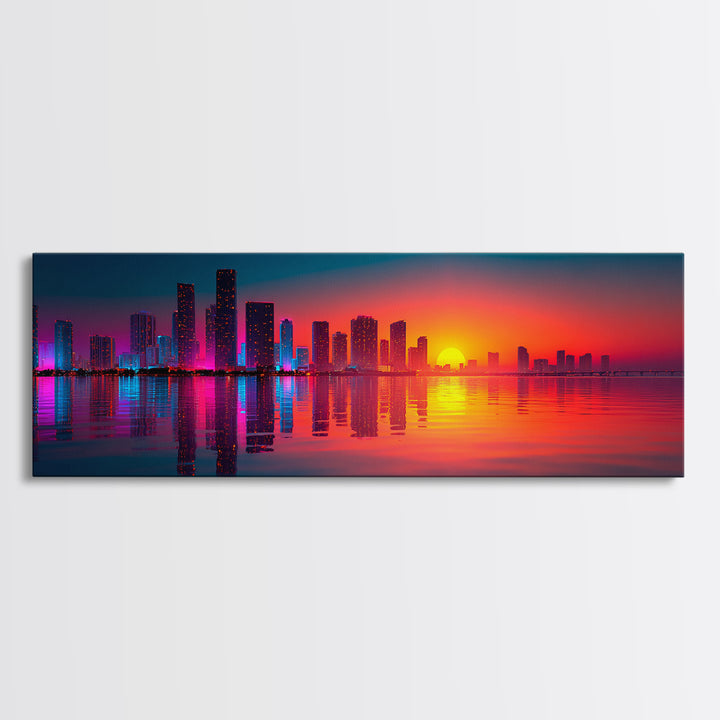 Neon City Skyline Sunset Wall Art, Modern Urban Landscape With Water Reflections, Colorful Office Decor, Large Canvas Print