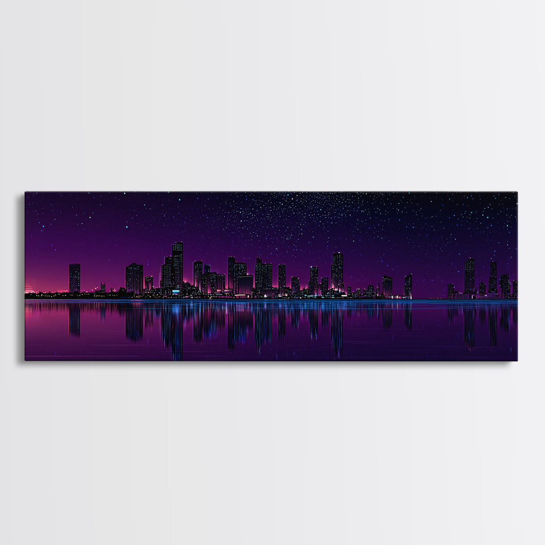 Purple Starry City Skyline Reflection, Modern Wall Art, Cyberpunk Canvas Print, Urban Night Decor, Office Wall Decor, Living Room Art