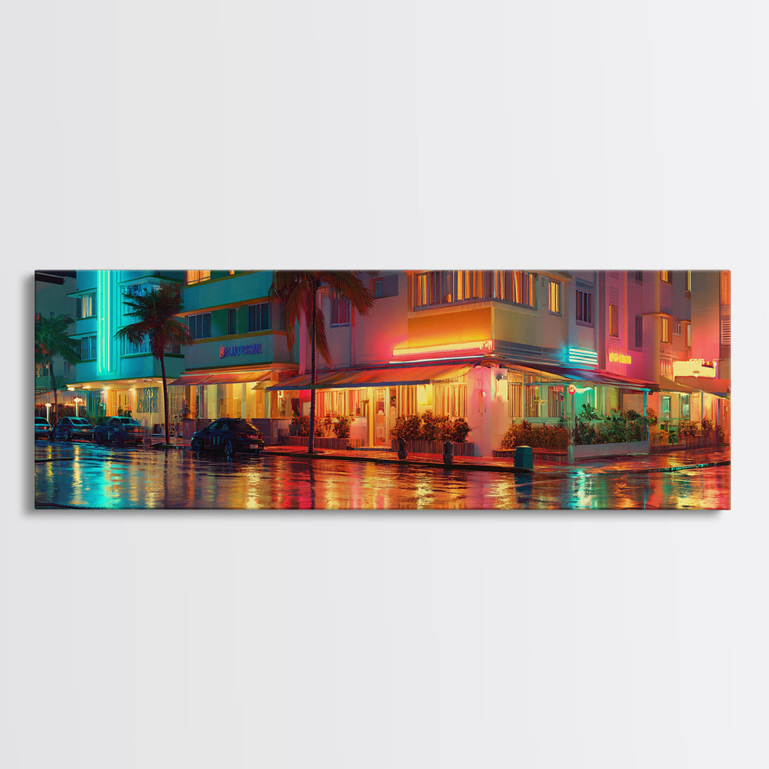 Neon Rainy Art Deco Hotel Street Wall Art, Miami Urban Night Cityscape, Retro Travel Poster, Framed Canvas Print, Office Decor