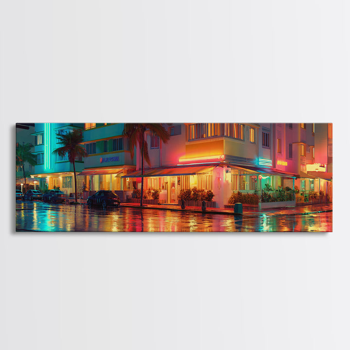 Neon Rainy Art Deco Hotel Street Wall Art, Miami Urban Night Cityscape, Retro Travel Poster, Framed Canvas Print, Office Decor