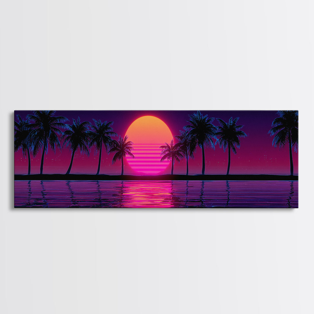 Neon Palm Tree Sunset Canvas Print, Tropical Beach Wall Art, Retro Coastal Decor, Pink Purple Living Room Art, Home Decor