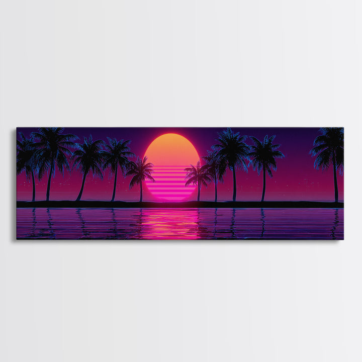 Neon Palm Tree Sunset Canvas Print, Tropical Beach Wall Art, Retro Coastal Decor, Pink Purple Living Room Art, Home Decor