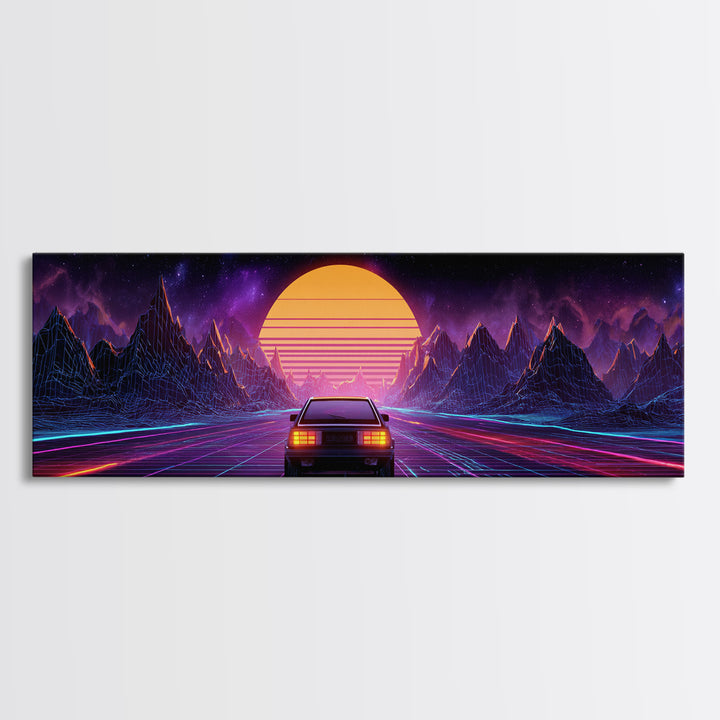 Neon Synthwave Car Wall Art, Retro Futuristic Mountains, Cyberpunk Sunset Decor, Gaming Room Poster, Panoramic Canvas Print