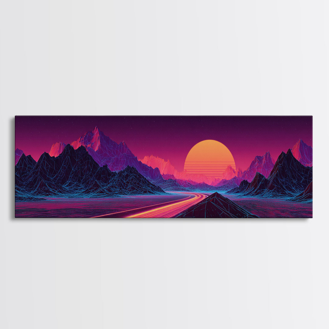 Neon Highway Through Purple Mountains Framed Canvas Print, Synthwave Wall Art, Retro Futuristic Decor, Gaming Room Poster