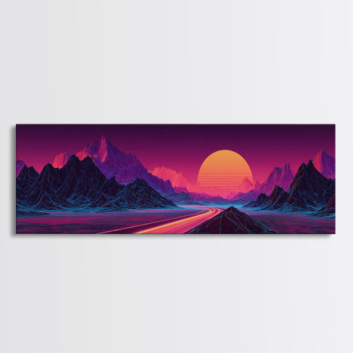 Neon Highway Through Purple Mountains Framed Canvas Print, Synthwave Wall Art, Retro Futuristic Decor, Gaming Room Poster