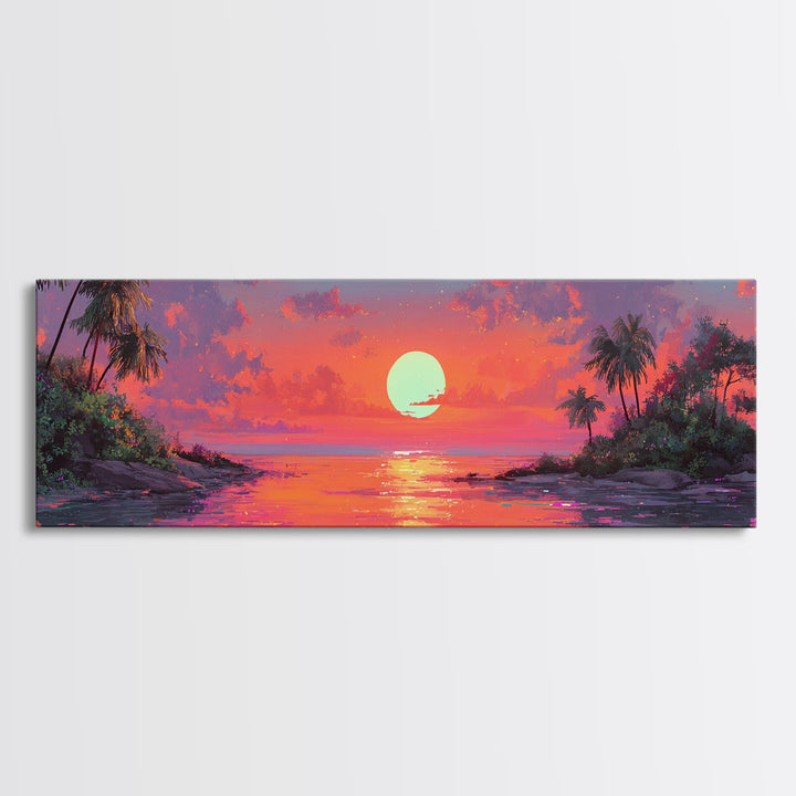Tropical Island Sunset Cove Wall Art, Extra Wide Canvas Print, Coastal Beach House Decor, Vibrant Ocean Living Room Wall Decor