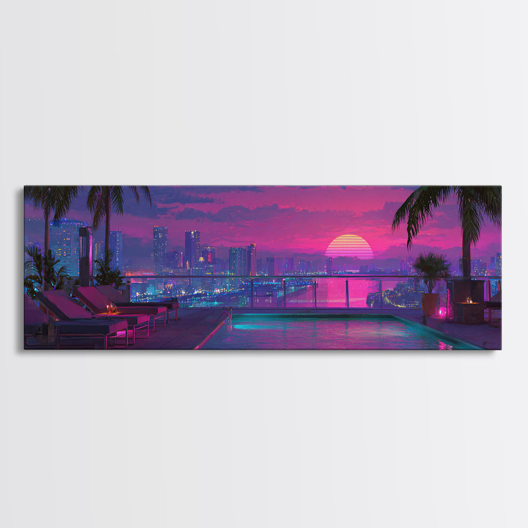 Neon Rooftop Pool At Sunset Framed Canvas Print, Cyberpunk City Wall Art, Tropical Miami Decor, Vaporwave Living Room Art
