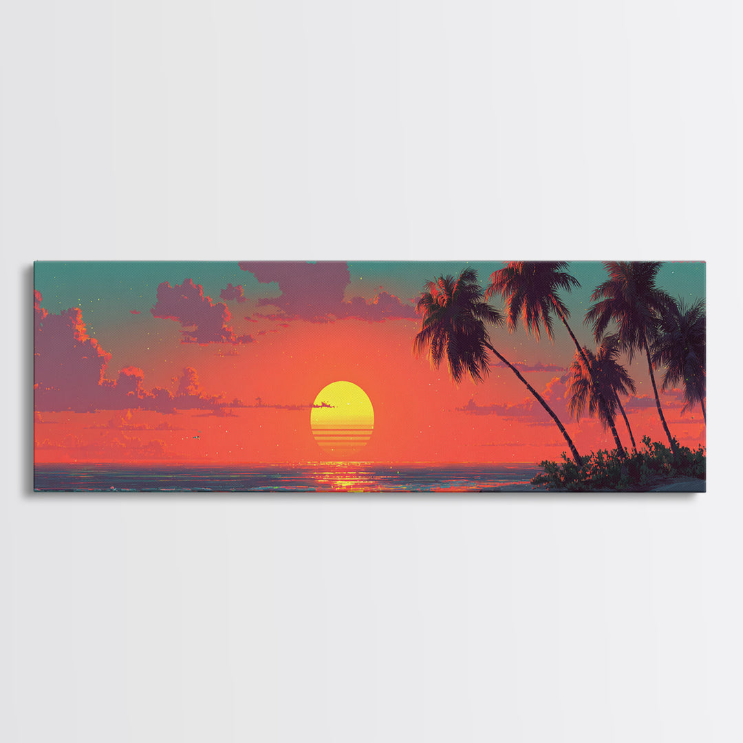 Tropical Palm Beach Sunset Wall Art, Retro Coastal Canvas Print, Ocean Seascape Decor, Summer Beach House Art Print Gift