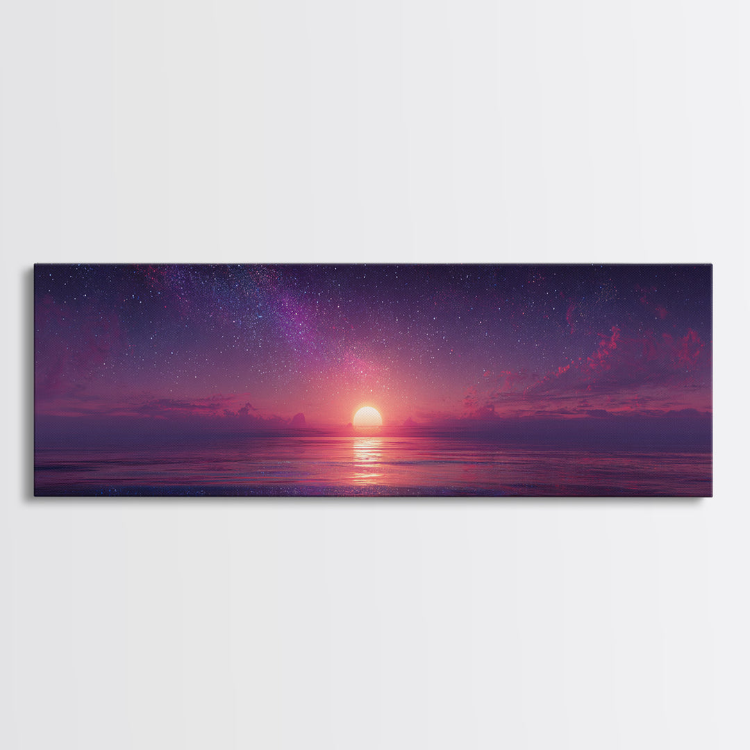 Starry Purple Ocean Sunset Wall Art, Celestial Seascape Canvas Print, Coastal Bedroom Decor, Romantic Beach House Gift For Her