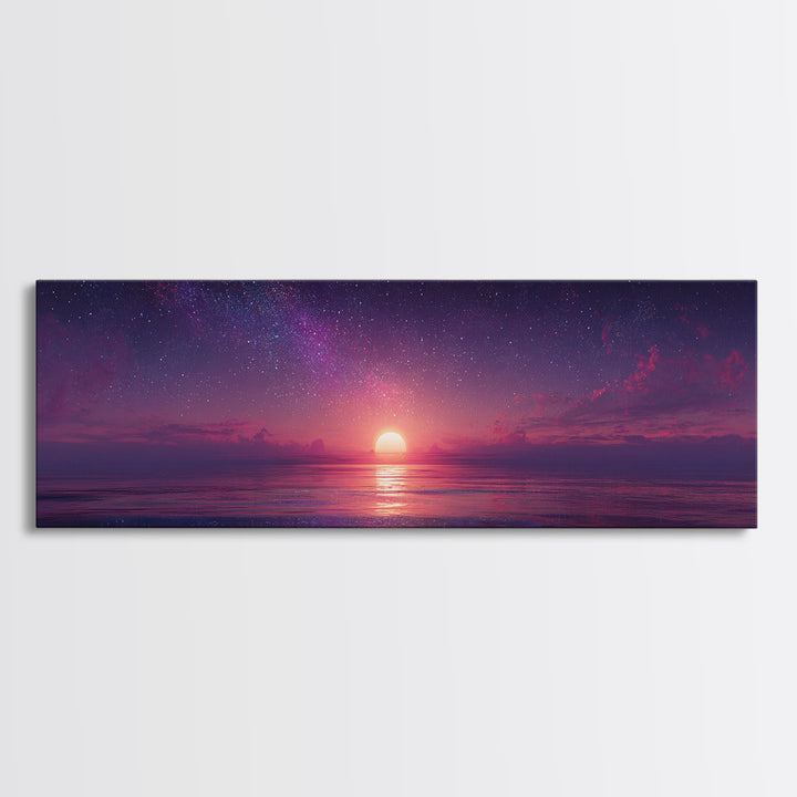 Starry Purple Ocean Sunset Wall Art, Celestial Seascape Canvas Print, Coastal Bedroom Decor, Romantic Beach House Gift For Her