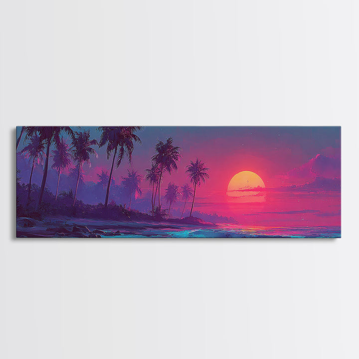 Pink Tropical Palm Island Sunset Wall Art, Neon Ocean Waves, Coastal Beach House Decor, Large Horizontal Canvas Print Poster