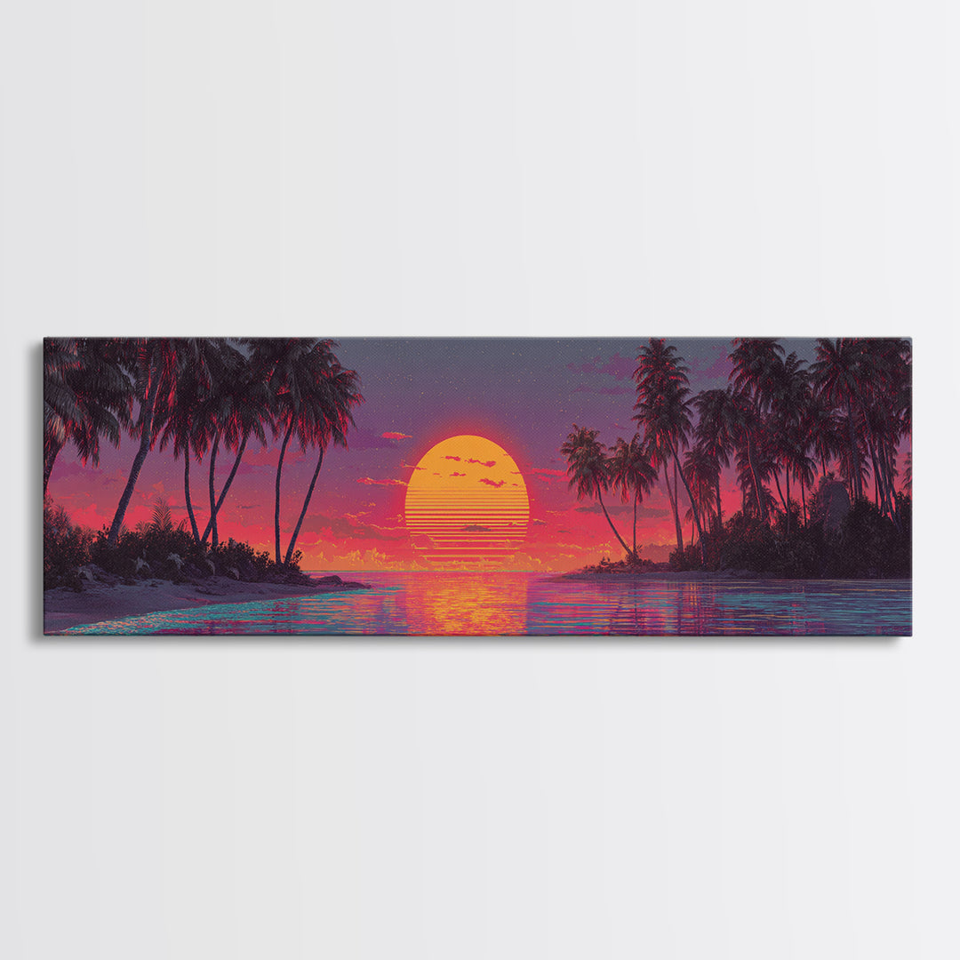 Starry Tropical Island Sunset Over Lagoon Framed Canvas Print, Coastal Wall Art, Beach House Decor, Vibrant Ocean Poster