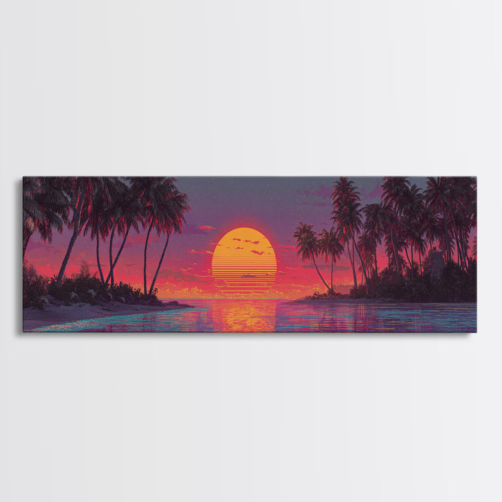 Starry Tropical Island Sunset Over Lagoon Framed Canvas Print, Coastal Wall Art, Beach House Decor, Vibrant Ocean Poster