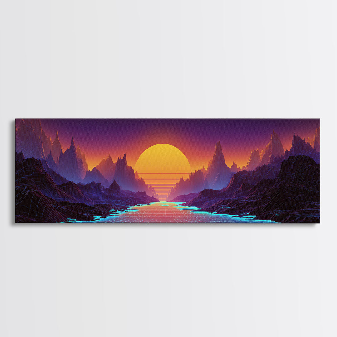 Neon Fantasy Mountain Valley Wall Art, Synthwave Landscape Canvas Print, Futuristic Decor, Gaming Room, Large Poster, Home Decor