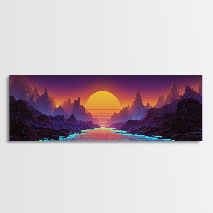 Neon Fantasy Mountain Valley Wall Art, Synthwave Landscape Canvas Print, Futuristic Decor, Gaming Room, Large Poster, Home Decor